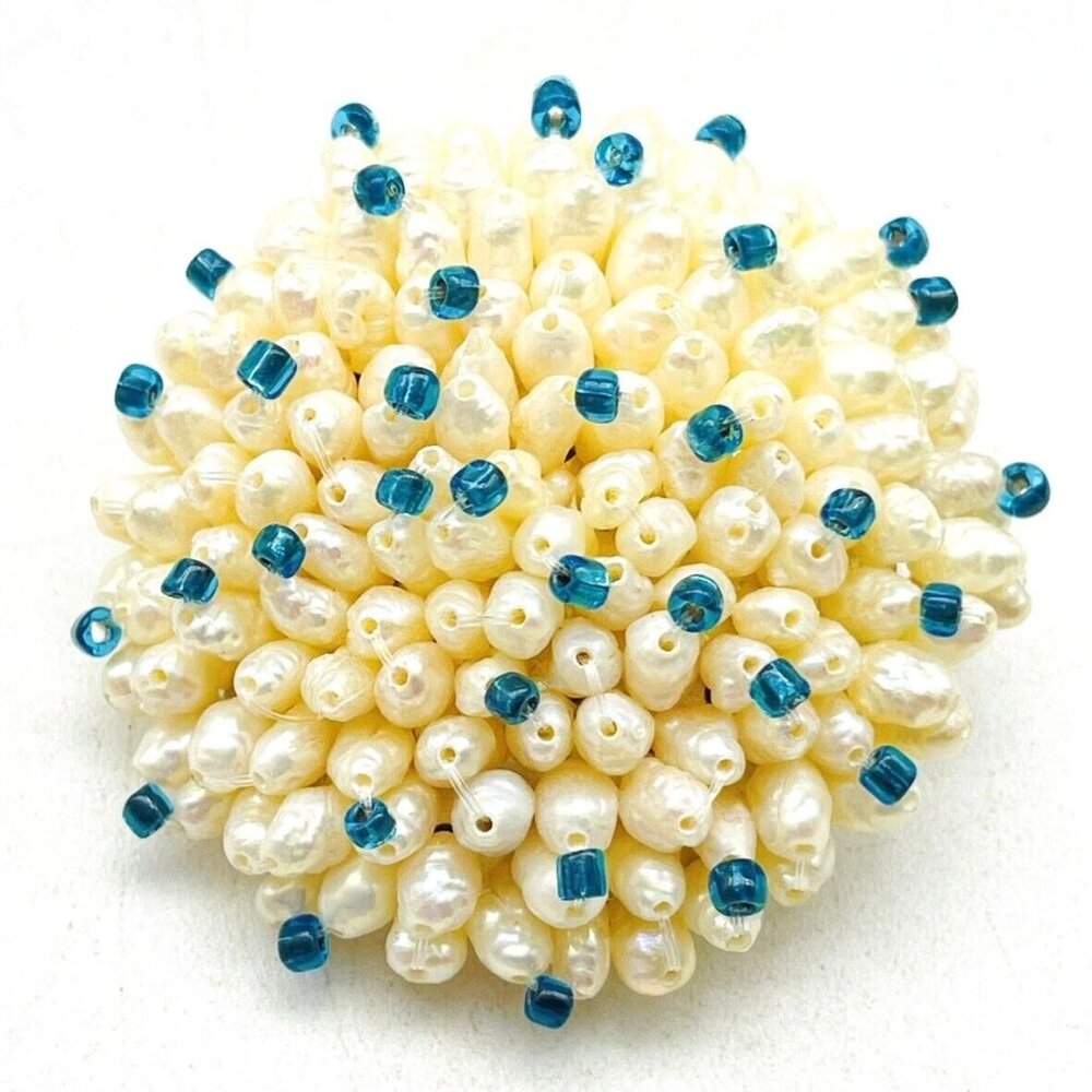 Freshwater Pearl Cluster Pin Teal Bead Accents Silver Tone Beach Coastal Islands